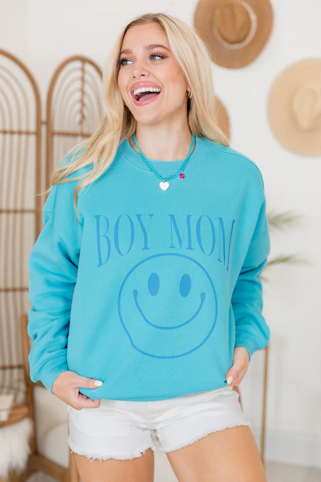 Boy Mom Aqua Blue Oversized Graphic Sweatshirt