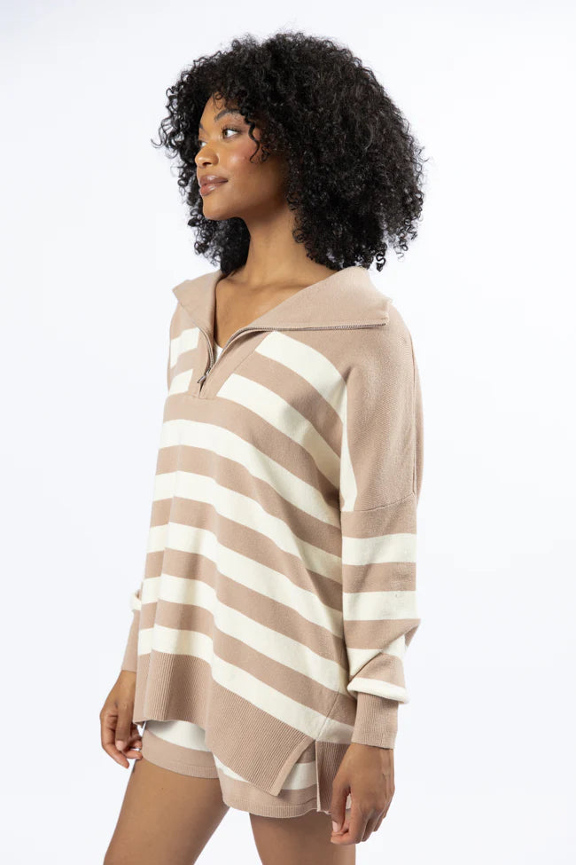 Pulling Heartstrings Taupe And Cream Striped Quarter Zip Pullover SALE