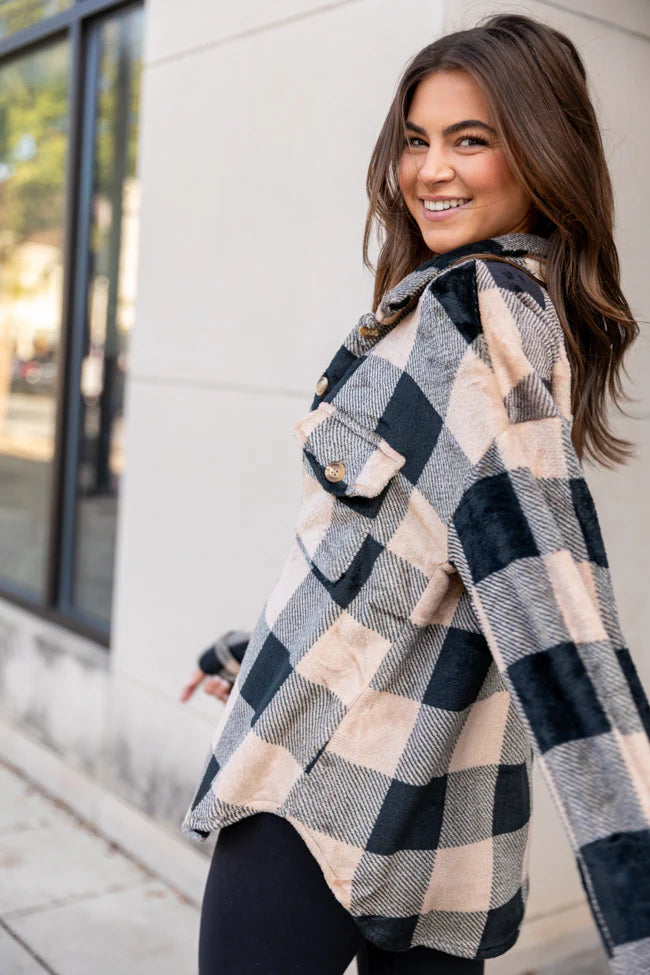 Wind Down Black and Tan Fleece Plaid Shacket