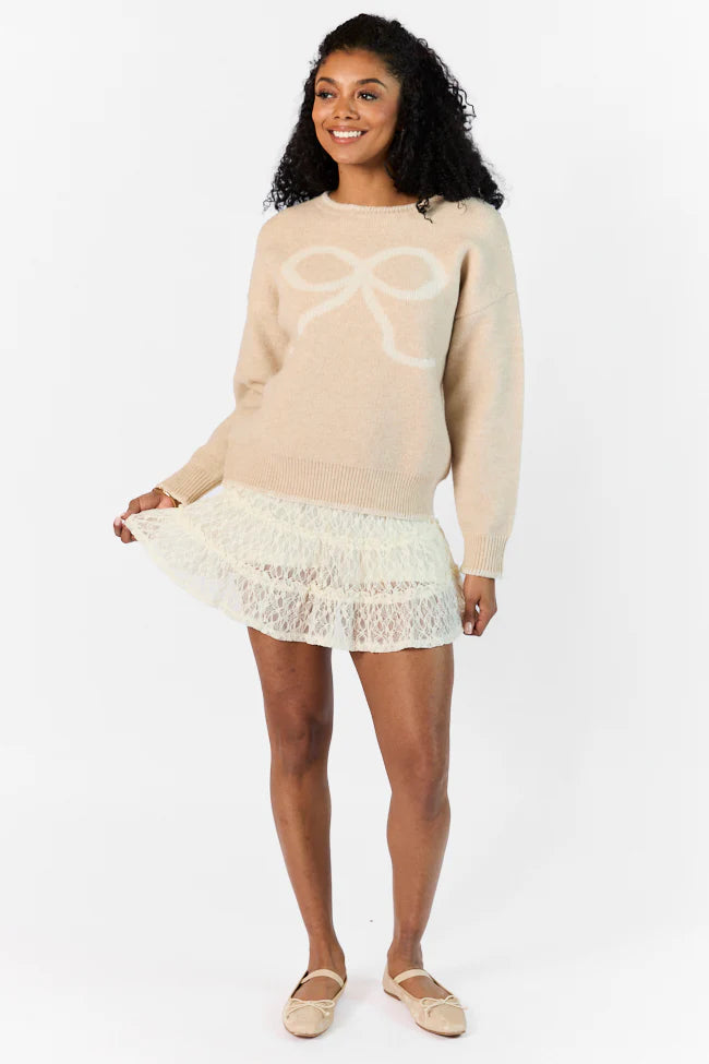 Peek- A-Bow Beige and Ivory Crew Neck Sweater