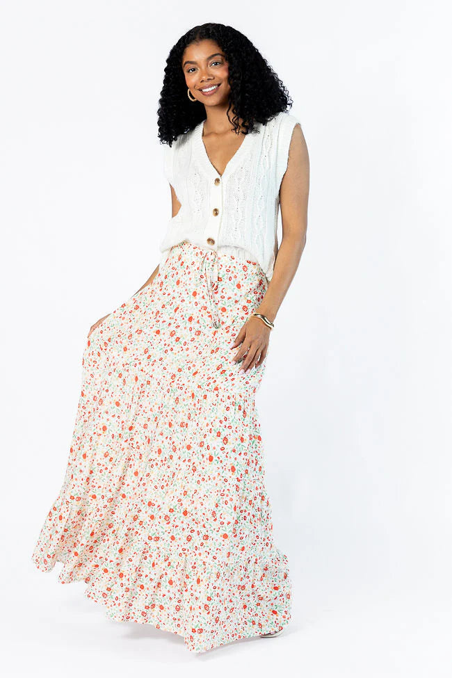 Sunlit Blossoms Ivory and Red Floral Maxi Skirt