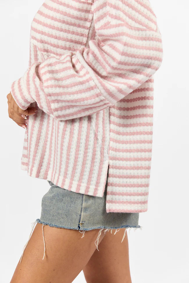 All For Sun Pink and Ivory Striped Knit V-Neck Long Sleeve Tee