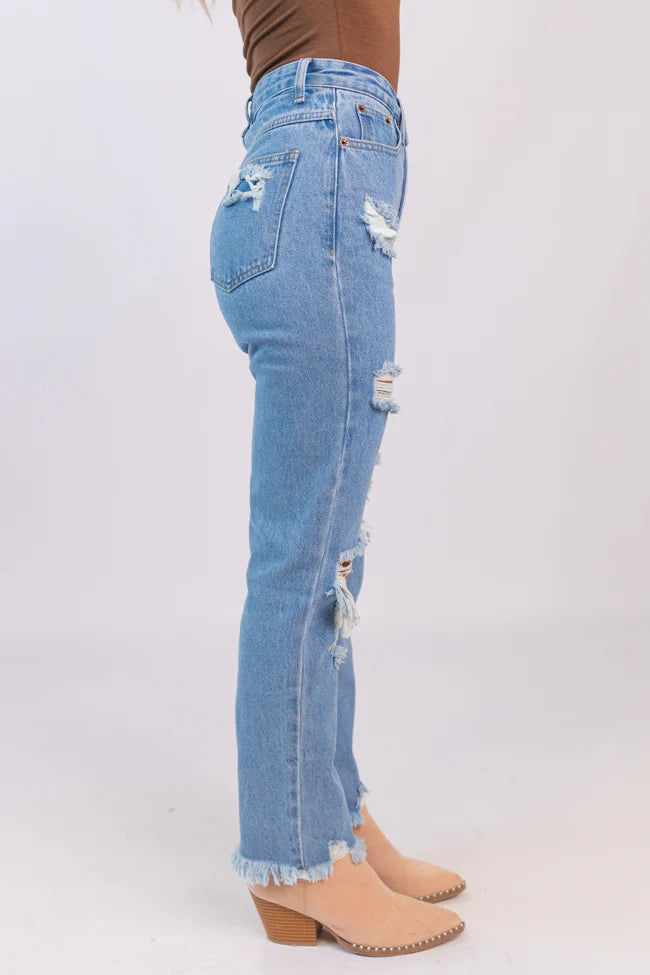 Megan Light Wash Distressed Straight Leg Mom Jeans