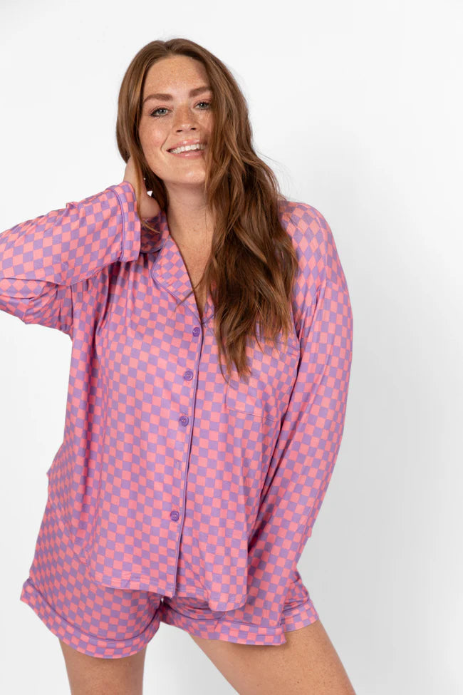 Good To Get Away Light Pink and Lilac Checkered Long Sleeve Pajama Top