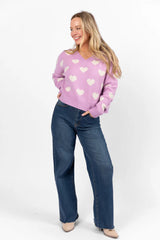 By The Book Lilac Hearts V-Neck Sweater FINAL SALE