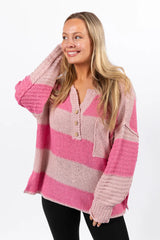 Know You Best Pink Oversized Striped Henley Sweater