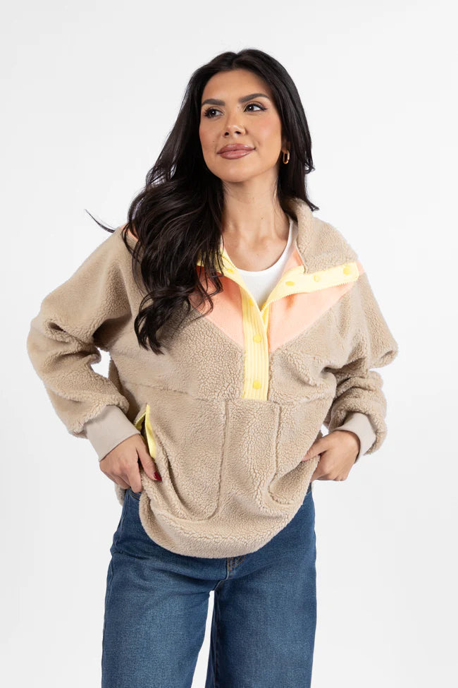 Good Feelings Beige Multi Colorblock Sherpa Pullover SALE