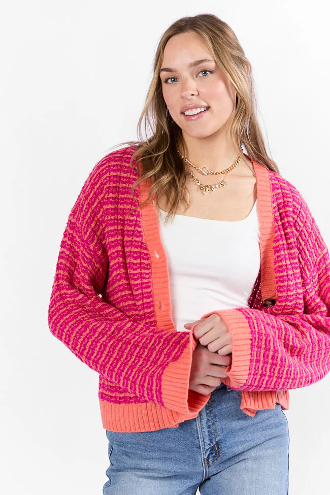 Triple Take Pink and Orange Woven Textured Knit Cardigan