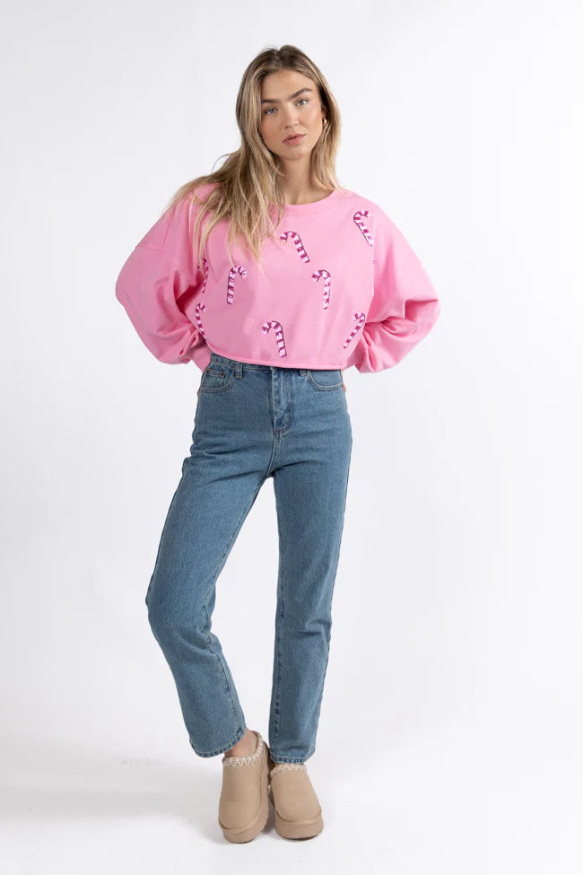 Candy Cane Dreams Pink Sequin Patch Sweatshirt FINAL SALE