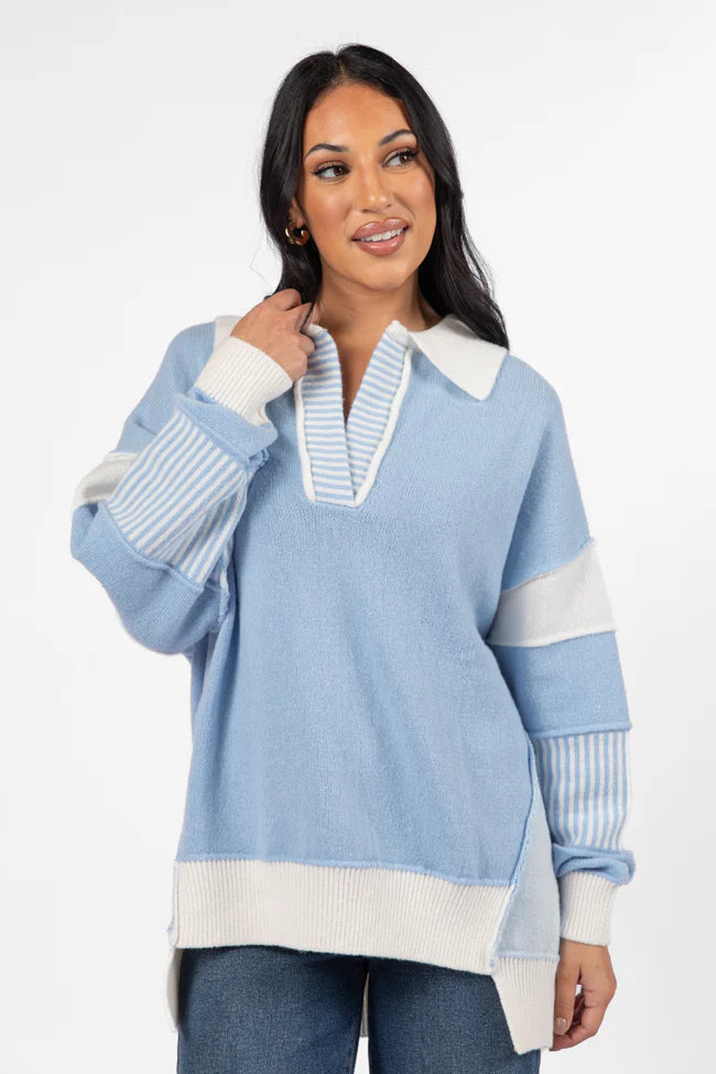 Think About It Sky Blue Collared Oversized Sweater