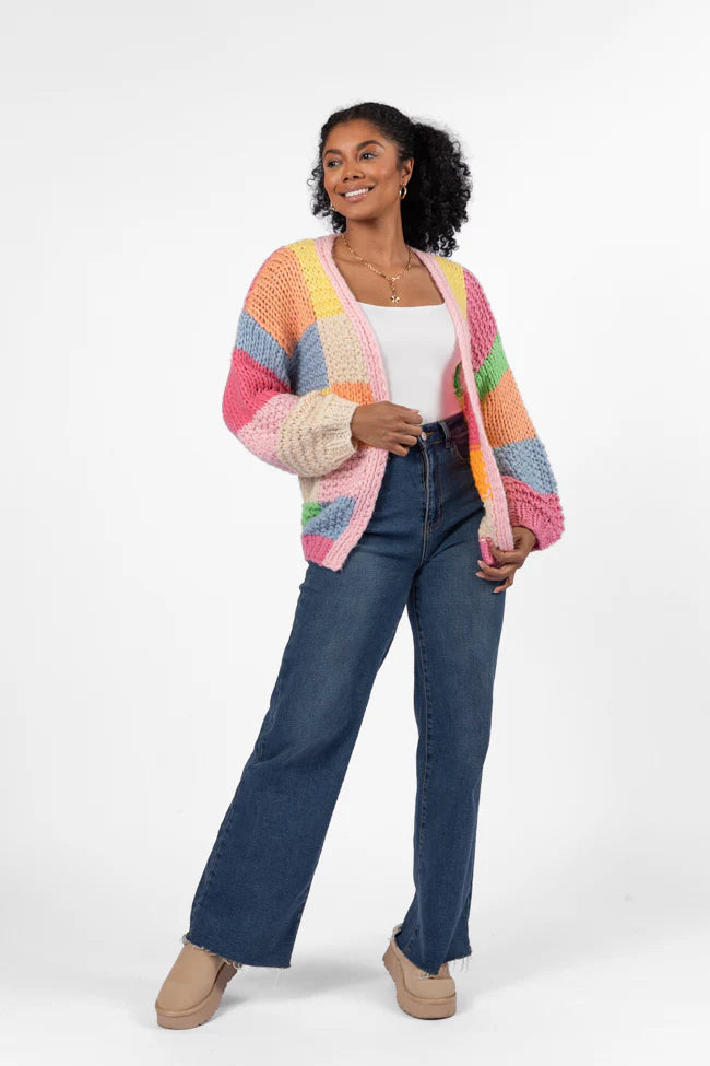 Still Deciding Pink Multi Color Block Cardigan