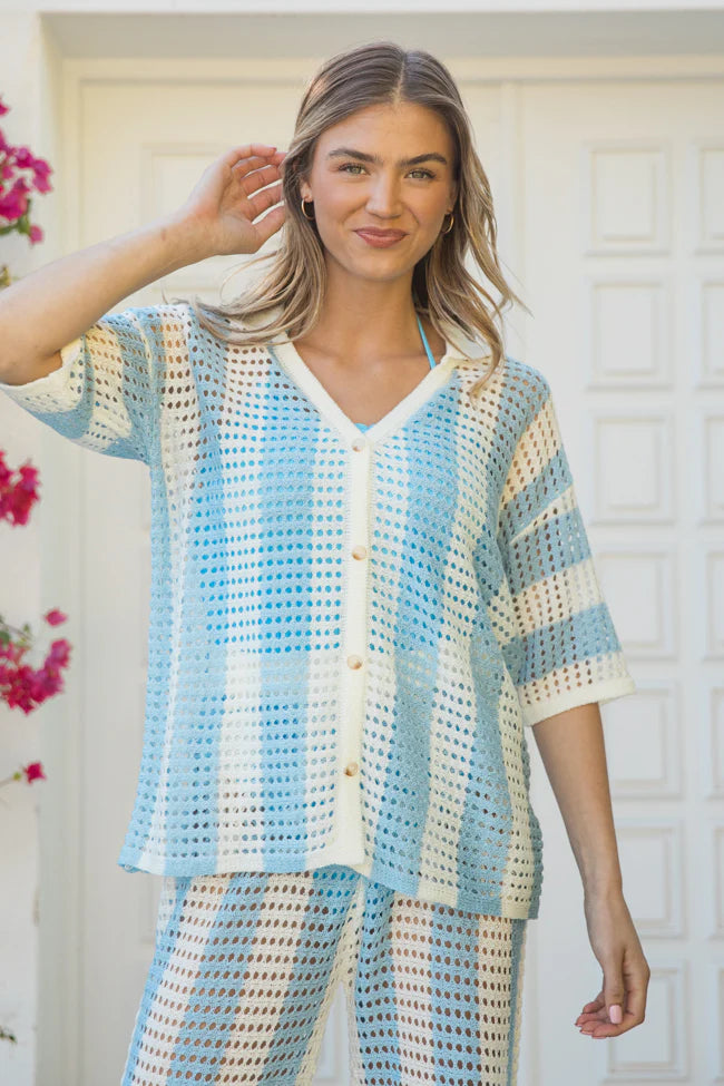 Along The Beach Blue Button Up Crochet Striped Top SALE