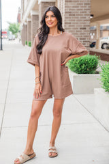 On A Daily Basis Brown Deep V-Neck Pocketed Romper