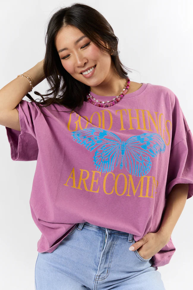 Good Things Are Coming Purple Hyfve Oversized Graphic Tee