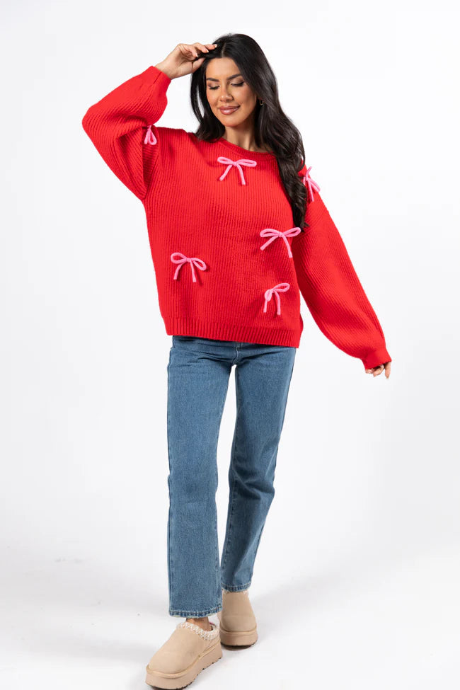 Knot Your Average Bow Red Embroidered Bow Sweater FINAL SALE