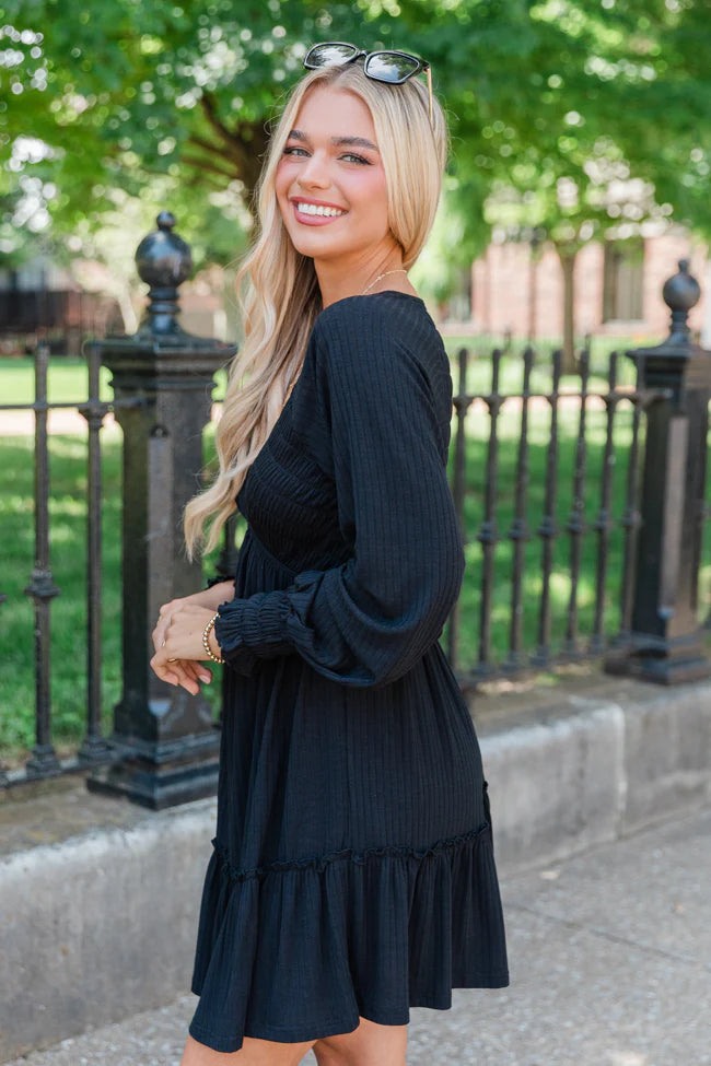 On This Day Black Mixed Texture Knit Dress