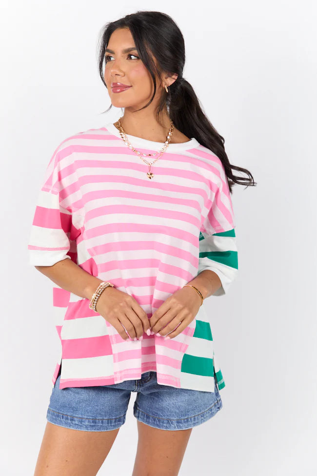 Destined For More Pink and Green Multi Color Block Striped Knit Tee