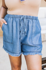 Send A Note Medium Wash Chambray Frayed Edge Shorts FINAL SALE