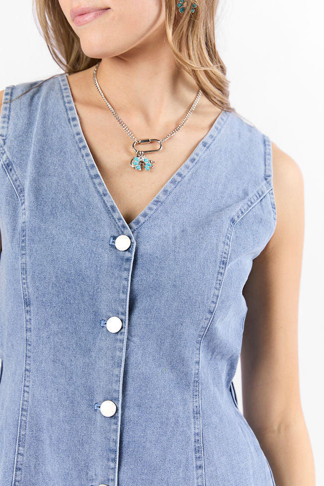 Strike A Chord Light Wash Denim Button Front Dress