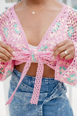 Good To Be Back Pink Crochet Tie Front Top SALE