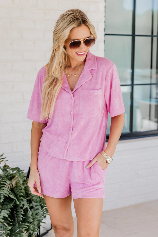 Girls Just Wanna Have Fun Pink Button Up Terry Lounge Top FINAL SALE