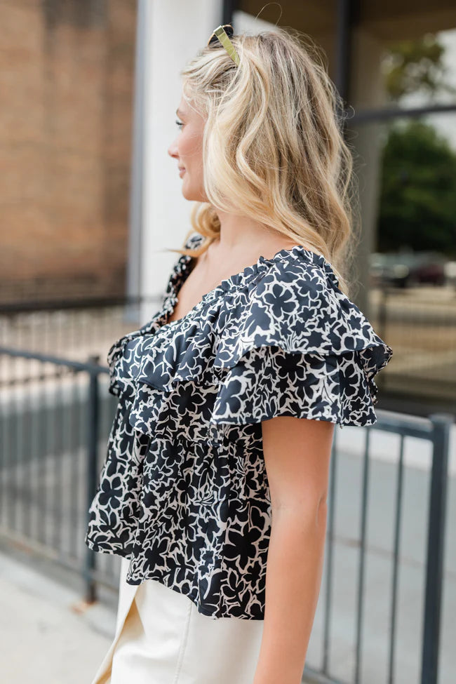 Deep Trance Black Floral Off The Shoulder Printed Blouse FINAL SALE