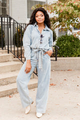 One More Time Long Sleeve Belted Denim Button Up Jumpsuit FINAL SALE