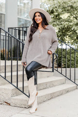 Thinking Of You Taupe  Fuzzy Henley Blouse