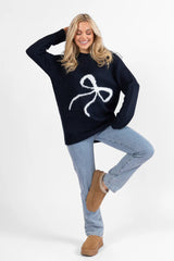 Feeling Like Love Navy and Ivory Bow Crew Neck Sweater