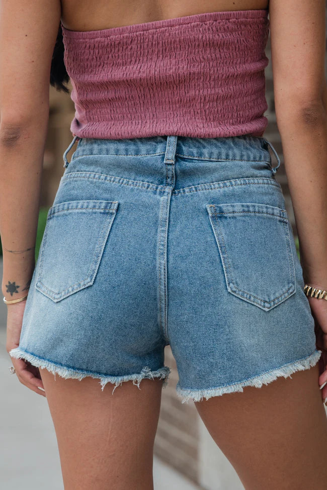 Show Stopping Medium Wash Pearl Detail Shorts SALE