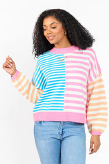 Delightful Days Blue, Pink, and Orange Multi Color Block Striped Sweater