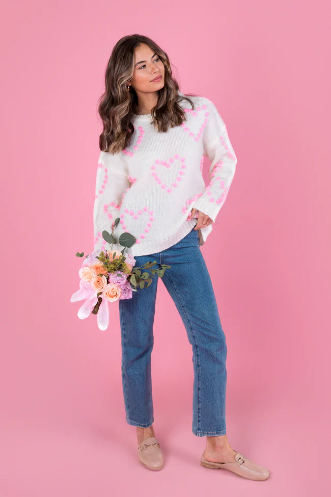 Adore You Ivory and Pink Oversized Heart Pom Sweater FINAL SALE