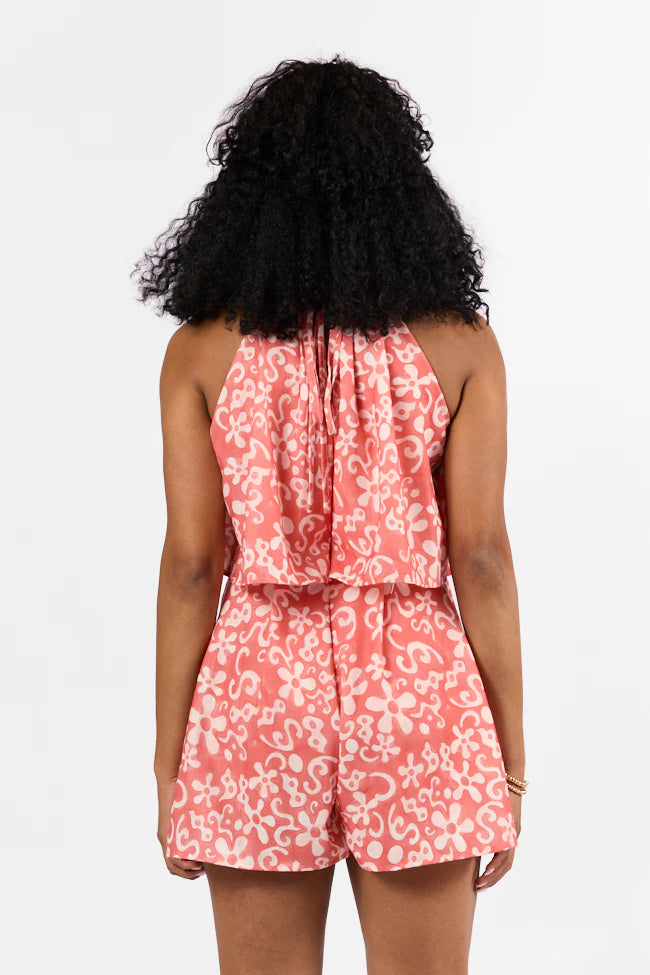 Spotlight Moment Coral Print Halter Neck Romper