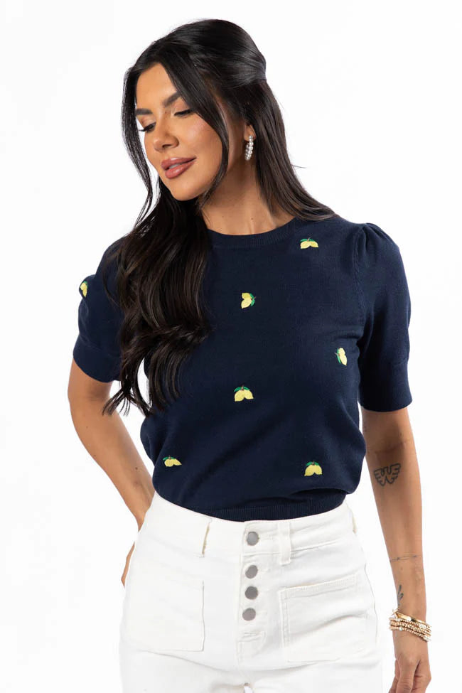 Feeling Zesty Navy Lemon Embroidered Short Sleeve Sweater