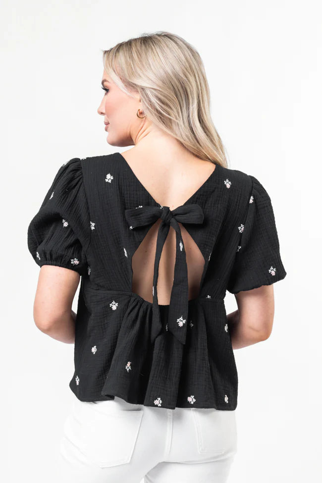 Endless Charm Black Floral Embroidered Gauze Blouse