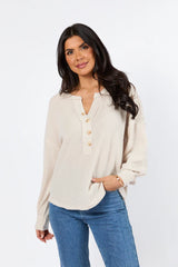 Any Other Way Oatmeal Brushed Rib Henley Knit Long Sleeve Top