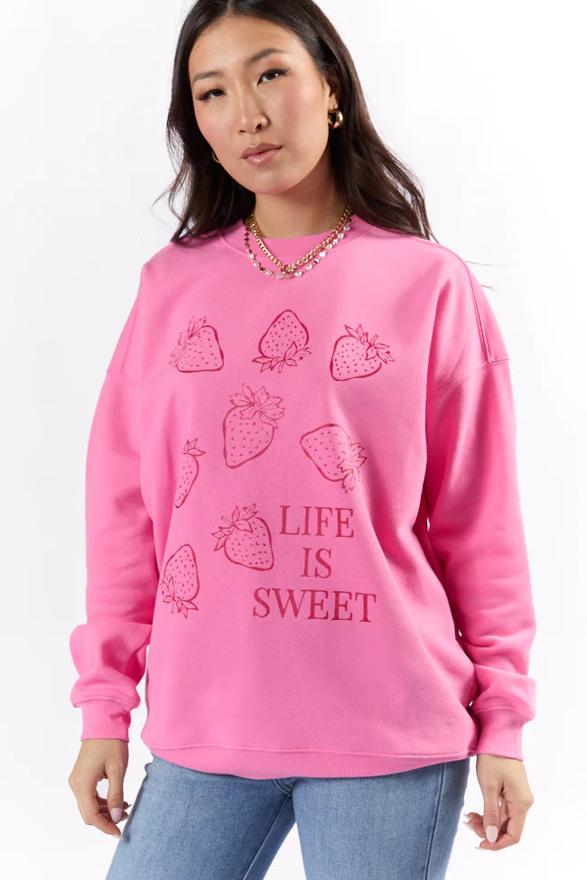 Life Is Sweet Strawberries Pink Oversized Graphic Sweatshirt