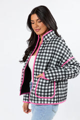 Going For It Black Gingham Printed Zip Up Jacket