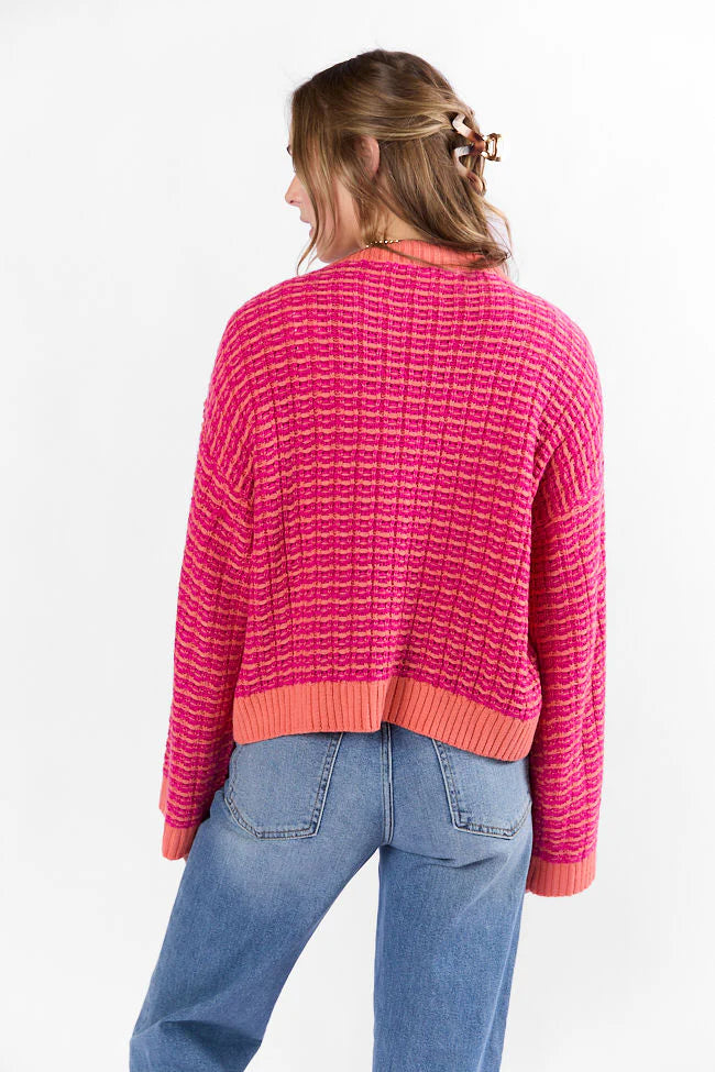 Triple Take Pink and Orange Woven Textured Knit Cardigan