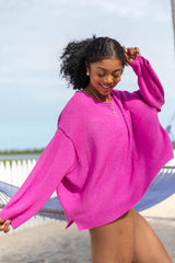 Tell Me Everything Magenta Oversized Pocketed Light Weight Sweater