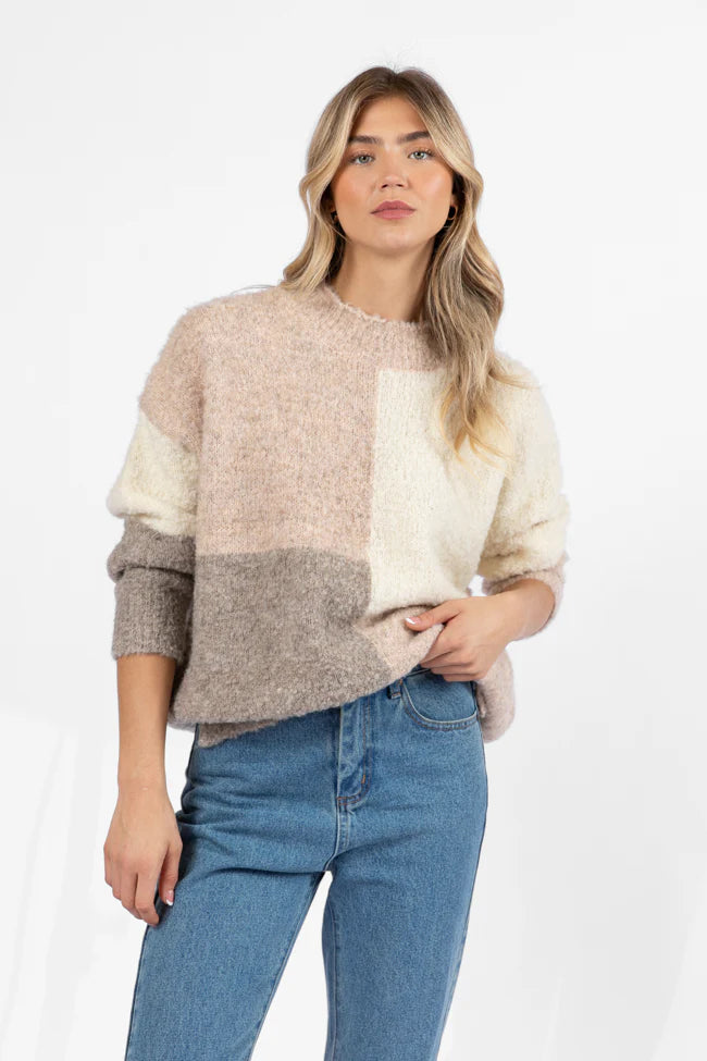 All On You Beige Multi Fuzzy Colorblock Mock Neck Sweater