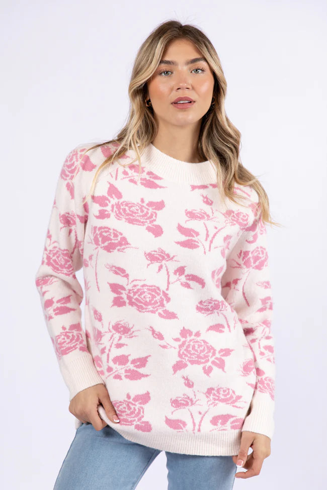 Feeling Like Love Ivory and Pink Floral Crew Neck Sweater SALE