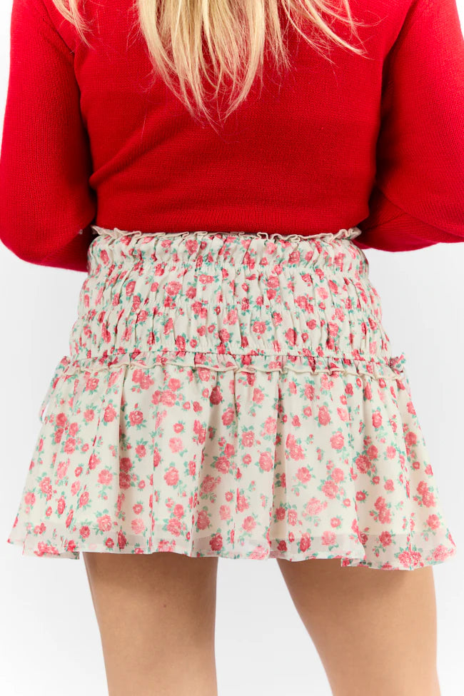 Cross My Path Ivory and Red Drop Smocked Waist Mini Skort FINAL SALE