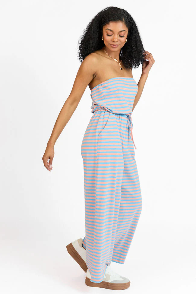 Making My Way Coral and Blue Striped Strapless Jumpsuit