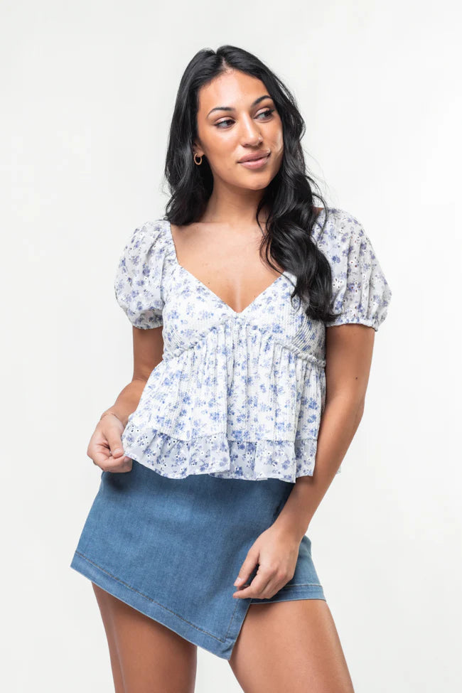 Garden Of Dreams Blue Waffle Knit And Eyelet Trim Floral Short Sleeve Top