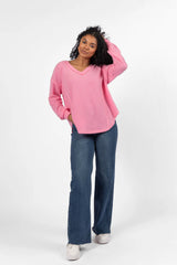 Idle Hands Pink Waffle Knit V-Neck Oversized Knit Top