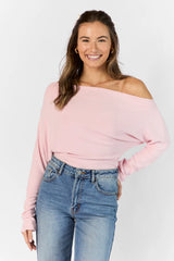 Giving It A Go Light Pink Rib Off The Shoulder Top