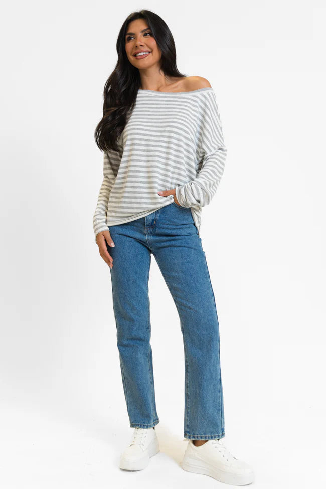 Blizzard Bliss Grey Wide Neck Striped Knit Top FINAL SALE