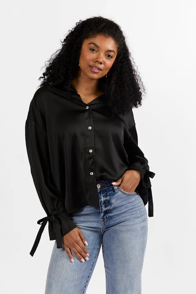 Think It Through Black Bow Cuff Satin Button Down Shirt