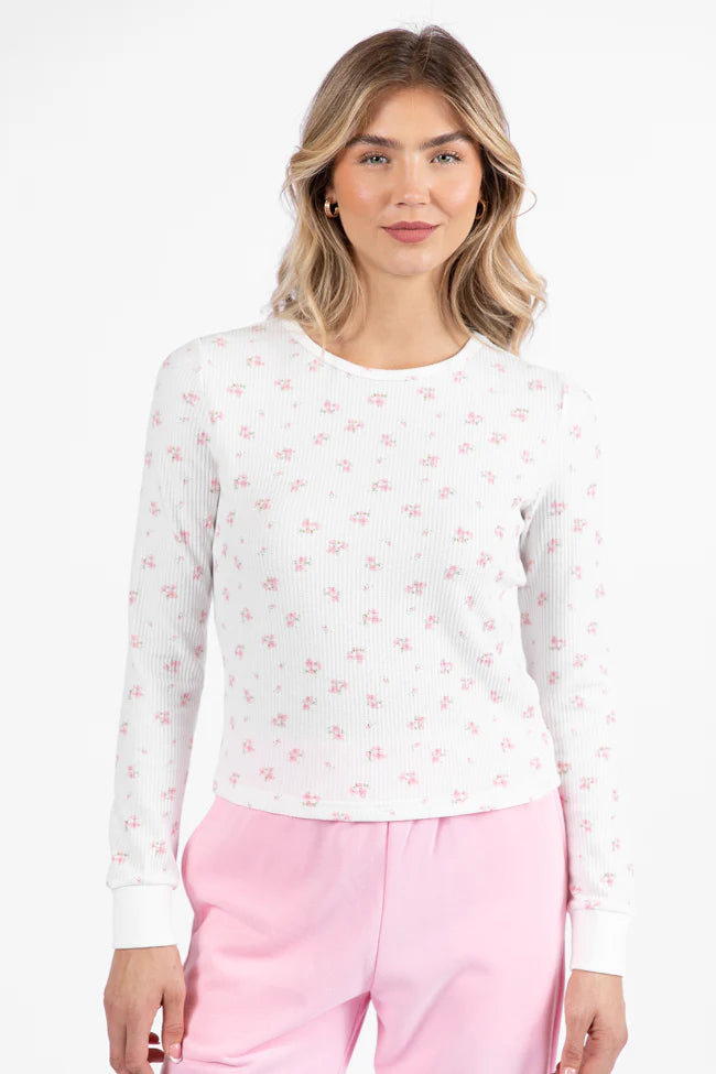 Lazy Floral Ivory and Pink Floral Print Waffle Layering Top SALE